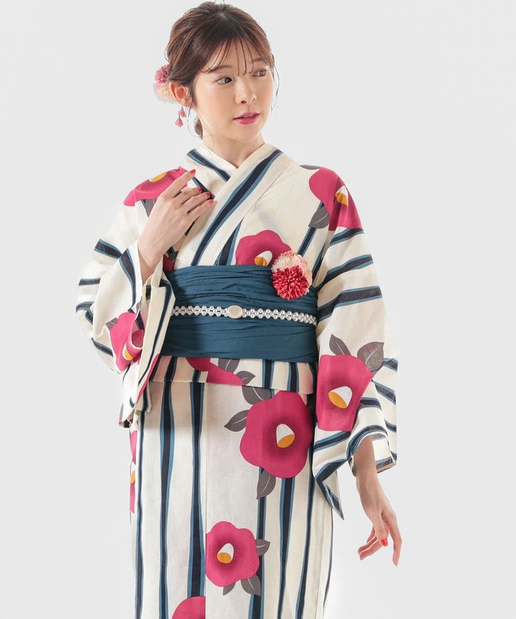 浴衣 ストライプ×花