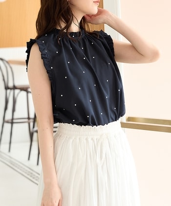 【NAOさま】シェリエ＊ステッチフリルトップス＊ブラック＊ドット ドット刺繍フリルブラウス: トップス｜ハニーズ公式通販