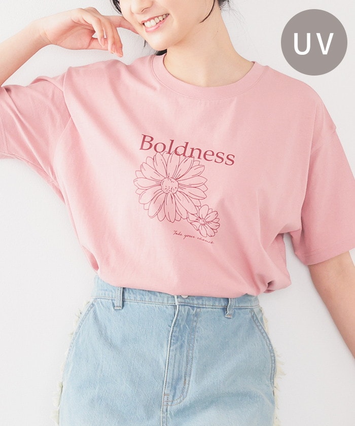 ロゴ＆フラワーでお洒落に【デザイン】ロゴ×フラワーのプリントがインパクト大のお洒落なデザイン。ゆったり幅とヒップが隠れる丈感。【素材・機能】人にも環境にも優しい、高品質なＵＳＡコットン１００％素材。紫
