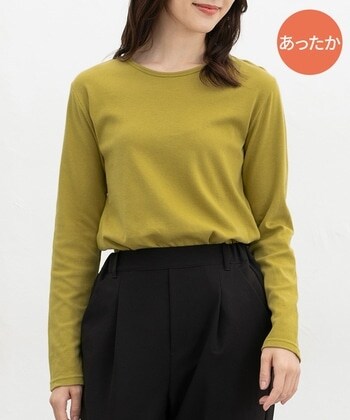 【Honeys公式 / ハニーズ】あったか綿クルーネックＴ レディース Ｍ イエローグリーン プチプラ