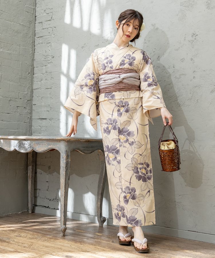 浴衣 ベージュ花柄