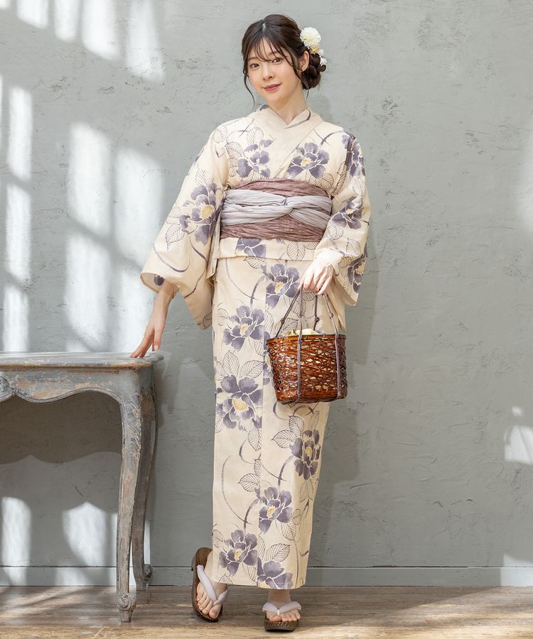 浴衣 ベージュ花柄