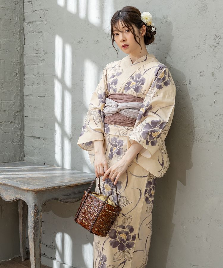浴衣 ベージュ花柄