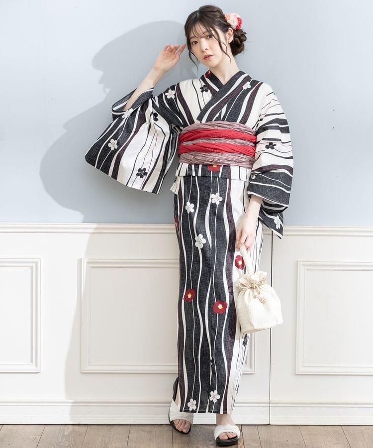 浴衣 ストライプ×花