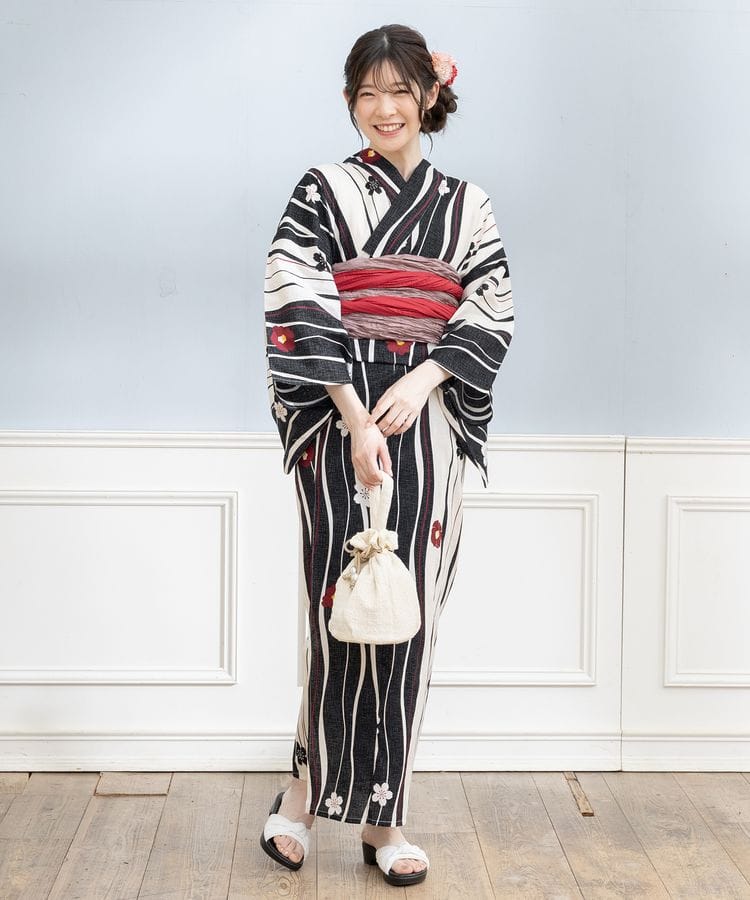 浴衣 ストライプ×花