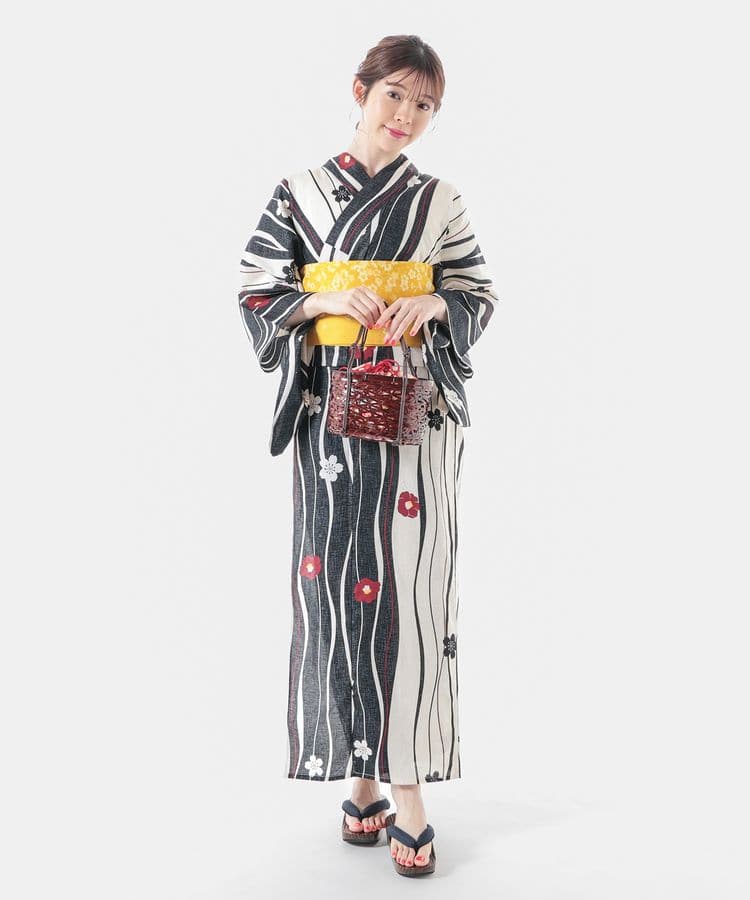 浴衣 ストライプ×花