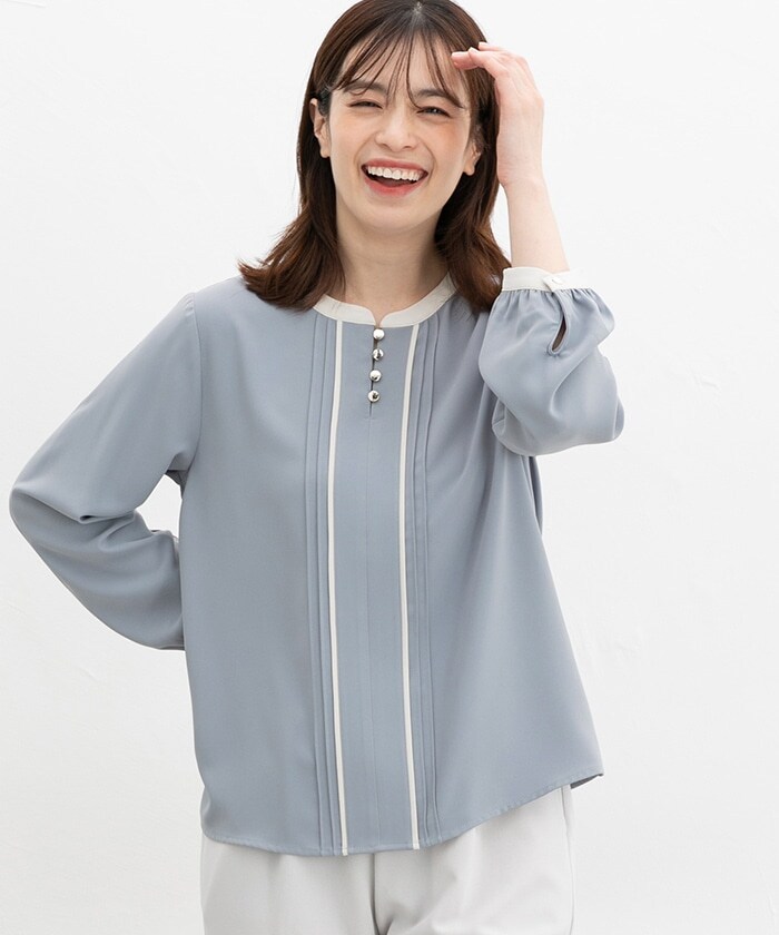 【Honeys公式 / ハニーズ】配色ピンタックブラウス レディース L スモーキーブルー プチプラ