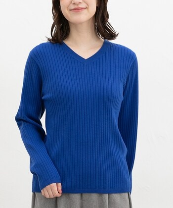 【Honeys公式 / ハニーズ】リブＶネックニット レディース Ｌ ブルー プチプラ