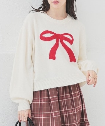 【Honeys公式 / ハニーズ】リボン柄ニット レディース L アイボリー プチプラ 【Honeys公式 / ハニーズ】リボン柄ニット レディース L アイボリー プチプラ