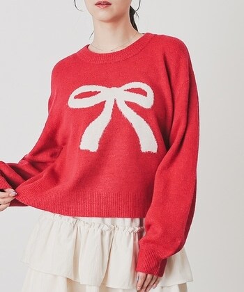 【Honeys公式 / ハニーズ】リボン柄ニット レディース S レッド プチプラ 【Honeys公式 / ハニーズ】リボン柄ニット レディース S レッド プチプラ