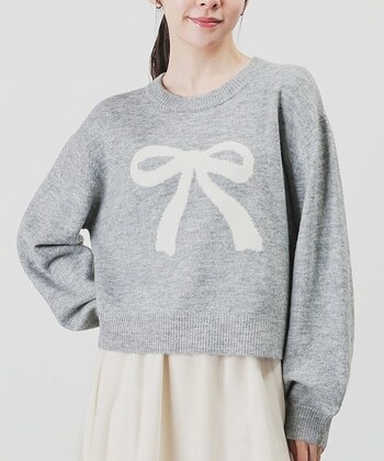 【Honeys公式 / ハニーズ】リボン柄ニット レディース Ｓ 杢グレー プチプラ