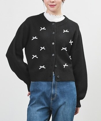 【Honeys公式 / ハニーズ】リボン付カーディガン レディース Ｍ ブラック プチプラ