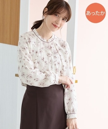 【Honeys公式 / ハニーズ】あったか裏地配色ブラウス レディース ３Ｌ アイボリー花柄 プチプラ
