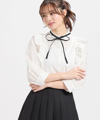 【Honeys公式 / ハニーズ】7分袖フリルブラウス レディース S オフ×クロ プチプラ
