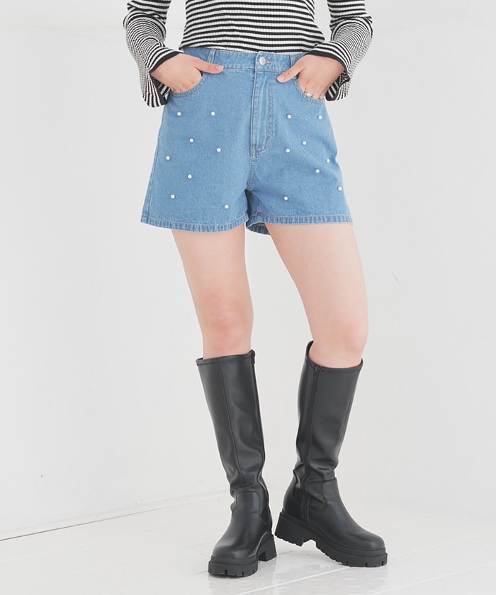 【Honeys公式 / ハニーズ】パール付ショートパンツ レディース M ブルー プチプラ