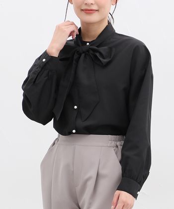 【Honeys公式 / ハニーズ】ボウタイ付2wayチュニックシャツ レディース M ブラック プチプラ