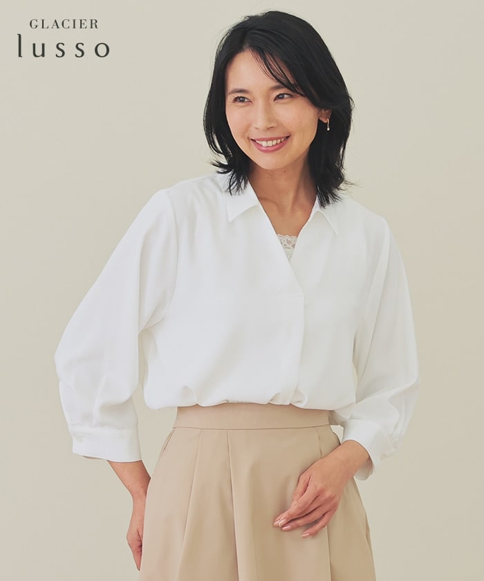 【Honeys公式 / ハニーズ】8分袖スキッパーブラウス レディース M ホワイト プチプラ
