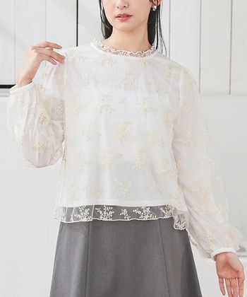 【Honeys公式 / ハニーズ】チュール刺繍トップス レディース Ｌ アイボリー プチプラ