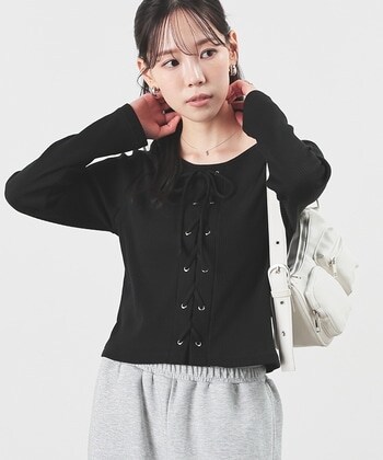 【Honeys公式 / ハニーズ】レースアップトップス レディース Ｍ ブラック プチプラ