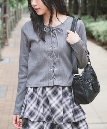 【Honeys公式 / ハニーズ】レースアップトップス レディース Ｍ 杢チャコール プチプラ