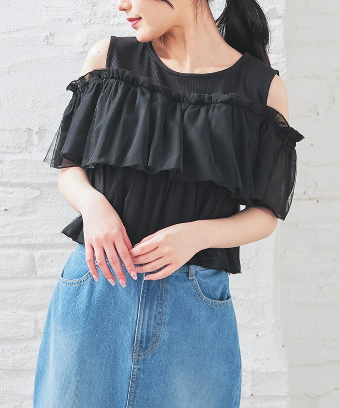 【Honeys公式 / ハニーズ】肩あきフリルトップス レディース M ブラック プチプラ 【Honeys公式 / ハニーズ】肩あきフリルトップス レディース M ブラック プチプラ