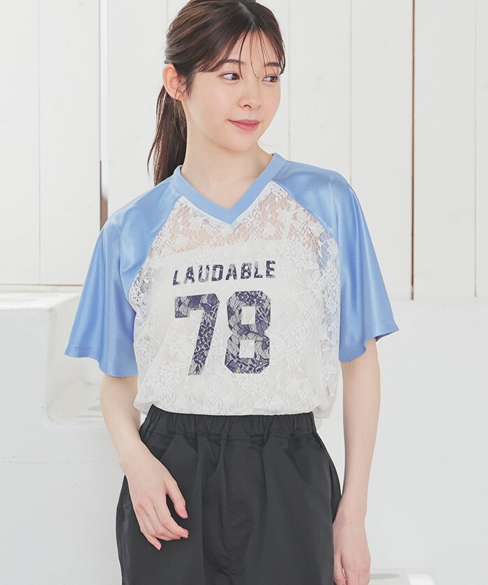 【Honeys公式 / ハニーズ】レース使いゆるゲームT レディース L オフ×サックス プチプラ 【Honeys公式 / ハニーズ】レース使いゆるゲームT レディース L オフ×サックス プチプラ