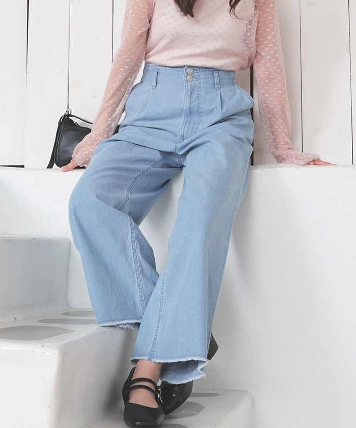 【Honeys公式 / ハニーズ】デニムワイドパンツ レディース S ブリーチ プチプラ