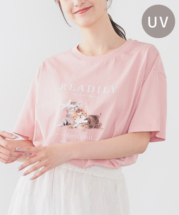 ネコ×リボンがキュート♪【デザイン】可愛い子猫のプリントにリボンを付けたキュートなデザイン。１枚で着映えし、シンプルになりがちな夏コーデにピッタリ。【素材・機能】人にも環境にも優しい、高品質なＵＳＡコ