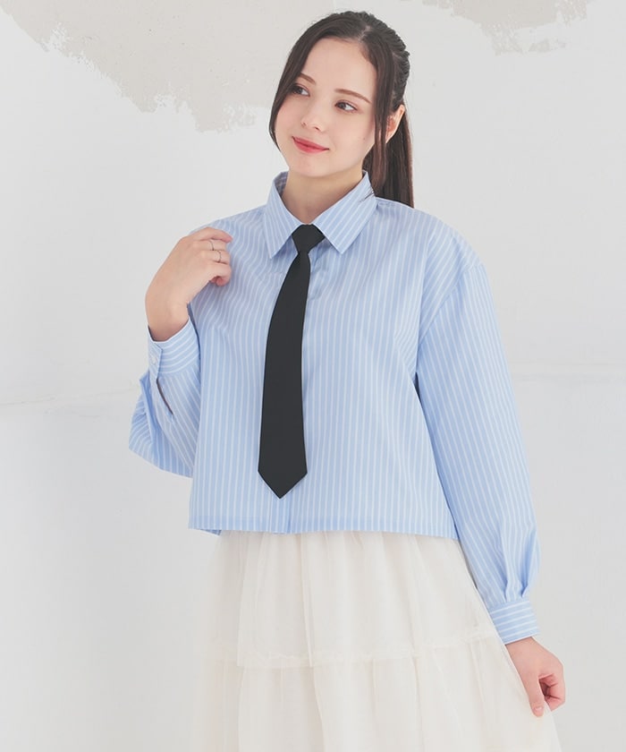 【Honeys公式 / ハニーズ】ネクタイ付シャツ レディース LL ブルーストライプ プチプラ