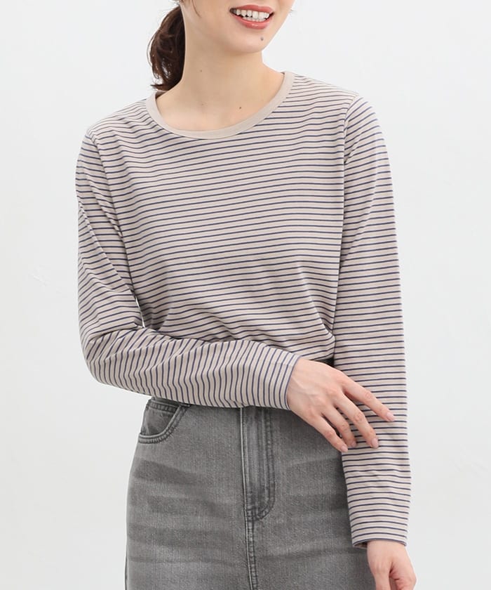 【Honeys公式 / ハニーズ】オーガニックボーダーT レディース L ベージュ×ブルー プチプラ