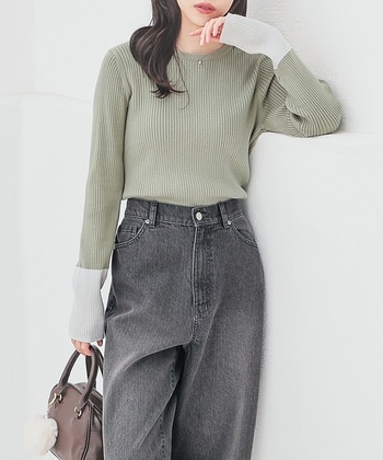 【Honeys公式 / ハニーズ】袖配色ニット レディース Ｌ ミント プチプラ