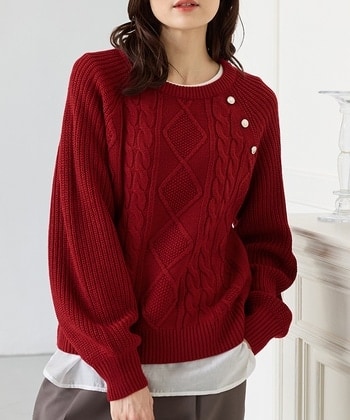 【Honeys公式 / ハニーズ】金釦付ケーブル編ニット レディース M レッド プチプラ 【Honeys公式 / ハニーズ】金釦付ケーブル編ニット レディース M レッド プチプラ