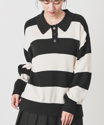 【Honeys公式 / ハニーズ】衿付ニット レディース Ｍ クロ×オフ プチプラ