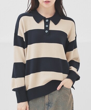 【Honeys公式 / ハニーズ】衿付ニット レディース L コン×ベージュ プチプラ 【Honeys公式 / ハニーズ】衿付ニット レディース L コン×ベージュ プチプラ