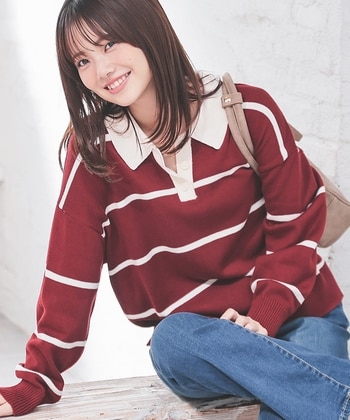 【Honeys公式 / ハニーズ】衿付ニット レディース L アカボーダー プチプラ 【Honeys公式 / ハニーズ】衿付ニット レディース L アカボーダー プチプラ