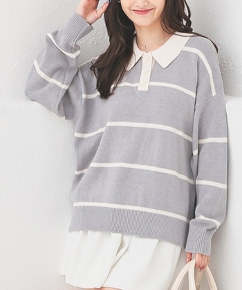 【Honeys公式 / ハニーズ】衿付ニット レディース Ｌ グレーボーダー プチプラ