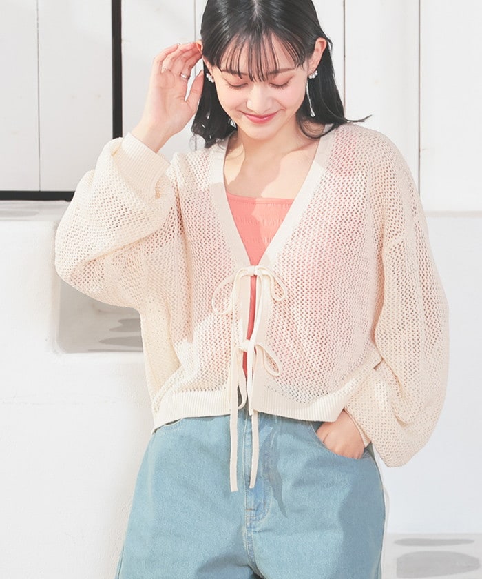 【Honeys公式 / ハニーズ】メッシュ編リボンカーデ レディース L アイボリー プチプラ 【Honeys公式 / ハニーズ】メッシュ編リボンカーデ レディース L アイボリー プチプラ