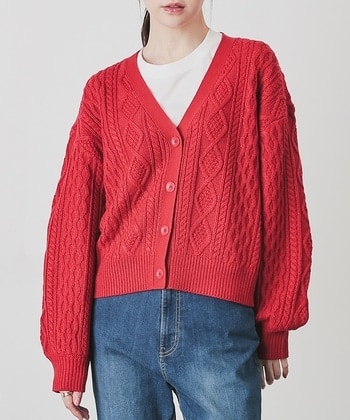 【Honeys公式 / ハニーズ】ケーブル編Ｖカーディガン レディース Ｌ レッド プチプラ