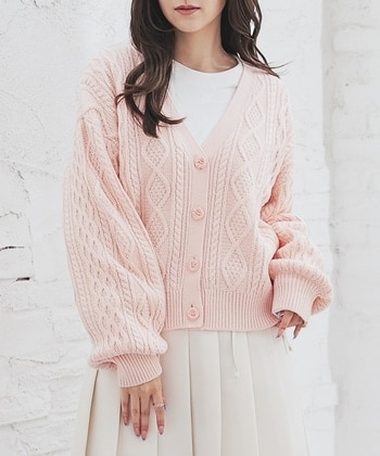 【Honeys公式 / ハニーズ】ケーブル編Ｖカーディガン レディース Ｌ ピンク プチプラ