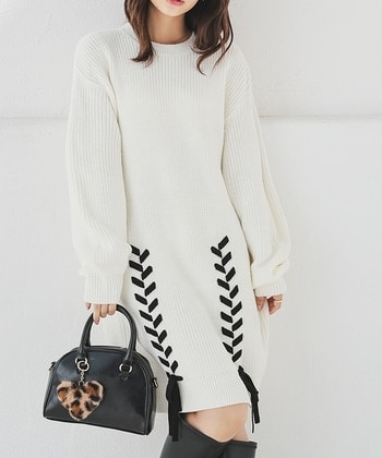 【Honeys公式 / ハニーズ】レースアップニットワンピ レディース Ｓ アイボリー プチプラ