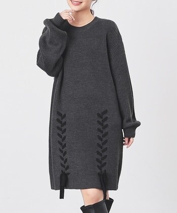 【Honeys公式 / ハニーズ】レースアップニットワンピ レディース S 杢チャコール プチプラ 【Honeys公式 / ハニーズ】レースアップニットワンピ レディース S 杢チャコール プチプラ