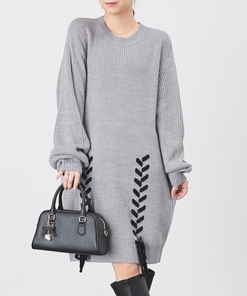 【Honeys公式 / ハニーズ】レースアップニットワンピ レディース M 杢グレー プチプラ 【Honeys公式 / ハニーズ】レースアップニットワンピ レディース M 杢グレー プチプラ