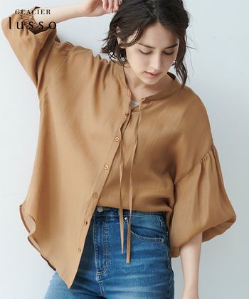 【Honeys公式 / ハニーズ】8分袖細リボンブラウス レディース M キャメル プチプラ