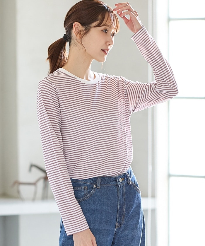 【Honeys公式 / ハニーズ】ボーダーTシャツ レディース L オフ×ピンク プチプラ