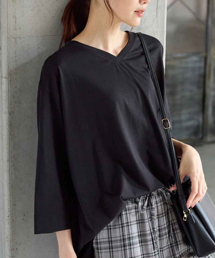 チャコット黒色Vネックトップス M 特別送料無料 VネックロンT レディース トップス 長袖 綿100