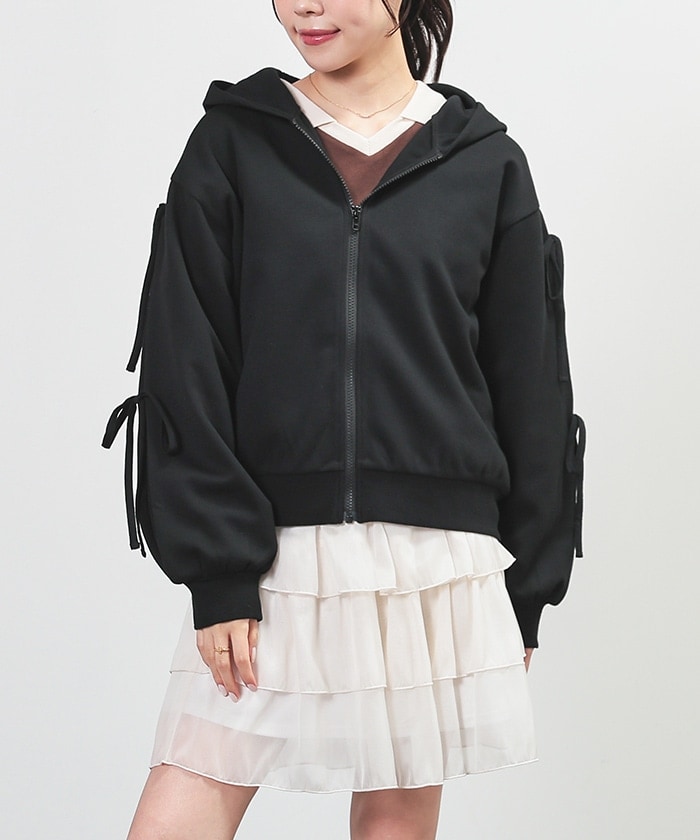 【Honeys公式 / ハニーズ】袖リボンパーカー レディース Ｌ ブラック プチプラ