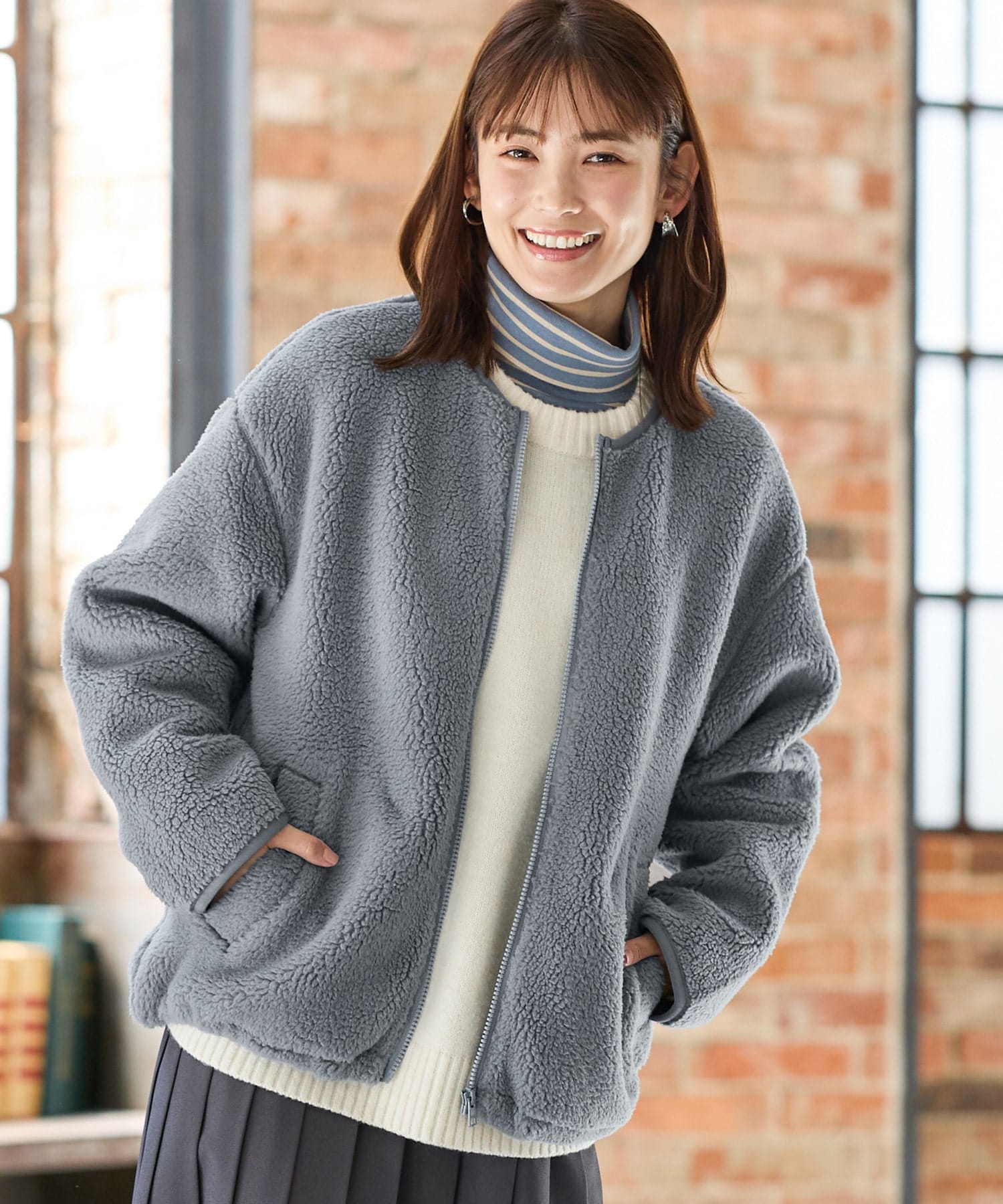 おでかけセット（ボアアウター×トップスグレー） かぶる 