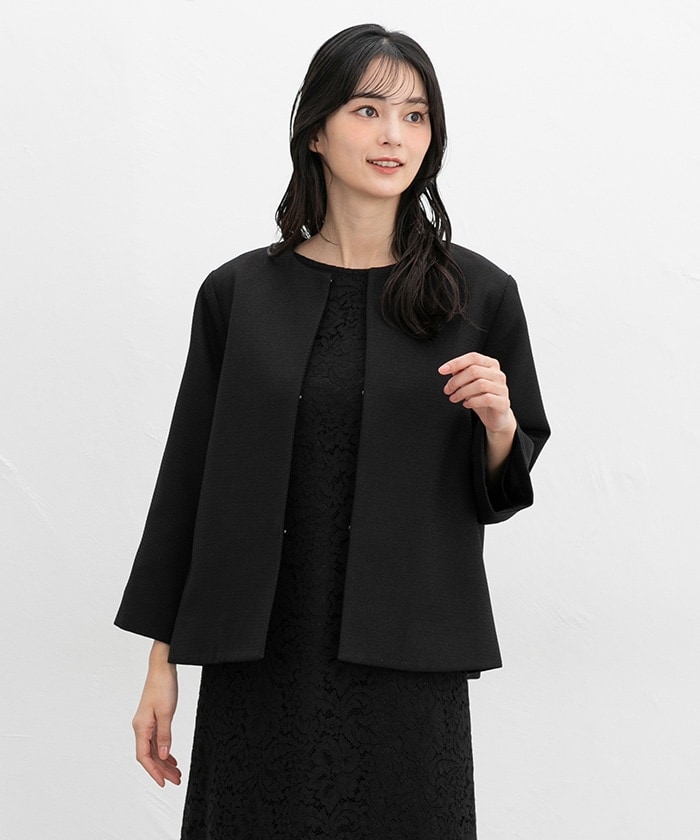 【Honeys公式 / ハニーズ】9分袖Aラインノーカラージャケット レディース M ブラック プチプラ