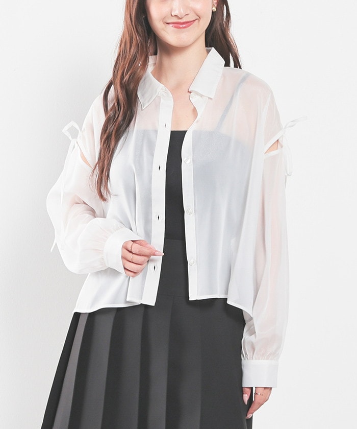【Honeys公式 / ハニーズ】肩リボンショート丈シャツ レディース M アイボリー プチプラ 【Honeys公式 / ハニーズ】肩リボンショート丈シャツ レディース M アイボリー プチプラ
