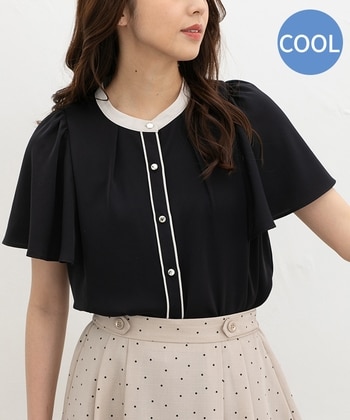 ◆新品◆JENNE◆ドットブラウス、フレアスカートセットアップ◆ネイビー◆L 配色フレア袖ブラウス: トップス｜ハニーズ公式通販